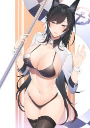 Rule 34 | 1girl, absurdres, animal ear fluff, animal ears, atago (azur lane), atago (stunning speedster) (azur lane), azur lane, bikini, black bikini, black hair, black thighhighs, blush, breasts, brown eyes, checkered flag, chichikoucha, cleavage, clothes writing, collarbone, commentary request, cowboy shot, dog ears, extra ears, flag, hair between eyes, hair ribbon, hands up, highres, holding, holding flag, large breasts, long hair, long sleeves, looking at viewer, mole, mole under eye, navel, official alternate costume, open hand, orange background, parted lips, race queen, ribbon, shrug (clothing), smile, solo, standing, stomach, string bikini, swimsuit, thighhighs, two-tone background, very long hair, white background, white ribbon, wrist cuffs