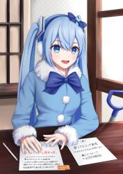 Rule 34 | 1girl, blue bow, blue bowtie, blue coat, blue eyes, blue hair, bow, bowtie, coat, commentary, earmuffs, fur-trimmed coat, fur-trimmed sleeves, fur trim, gem, hair bow, hair ornament, hatsune miku, highres, indoors, light blue hair, light blush, light smile, long hair, nekoinu bamboo, no gloves, open mouth, paper, pen, pom pom (clothes), shovel, solo, table, teeth, translated, twintails, upper body, upper teeth only, very long hair, vocaloid, yuki miku, yuki miku (2012)