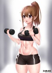 Rule 34 | 1girl, :o, artist logo, bad id, bad pixiv id, bare shoulders, black shorts, black sports bra, blush, breasts, brown eyes, brown hair, collarbone, commentary request, cowboy shot, dumbbell, flying sweatdrops, gradient background, groin, hair between eyes, holding, long hair, looking to the side, masamune oekaki, medium breasts, midriff, motion lines, navel, original, ponytail, short sleeves, shorts, sidelocks, simple background, solo, sports bra, standing, sweat, toned, twitter username, white background