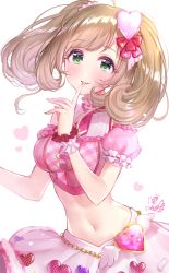 Rule 34 | absurdres, ahoge, blush, brown hair, eyelashes, finger to mouth, green eyes, hair ornament, highres, idolmaster, idolmaster cinderella girls, mairo, navel, sato shin, simple background, solo, stomach, twintails, white background