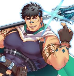 Rule 34 | 1boy, armlet, bandaid, bandaid on face, bandaid on nose, bara, beckoning, black hair, blue hair, cape, covered abs, crave saga, earrings, facial scar, fingerless gloves, gae bolg (crave saga), gloves, holding, holding polearm, holding weapon, jewelry, large pectorals, looking at viewer, male focus, multicolored hair, muscular, muscular male, over shoulder, pectorals, polearm, scar, scar on arm, scar on cheek, scar on face, sharp teeth, short hair, solo, streaked hair, teeth, two-tone hair, upper body, upper teeth only, weapon, weapon over shoulder, xiongxiongood