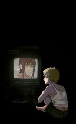 Rule 34 | 1boy, 1girl, bare shoulders, black background, blonde hair, chainsaw man, crossover, dark, denji (chainsaw man), highres, kamo (kamonegioisi), looking at another, makima (chainsaw man), red hair, ringed eyes, serial experiments lain, shirt, short hair, sitting, sleeveless, sleeveless shirt, solo, television, watching, watching television, yellow eyes