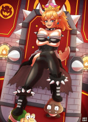 Rule 34 | 1girl, absurdres, armlet, black collar, black dress, black nails, blonde hair, blue eyes, boots, borrowed design, bowser logo, bowsette, bracelet, breasts, brooch, cleavage, collar, crown, dress, earrings, fang, fingernails, high heel boots, high heels, highres, horns, jewelry, large breasts, mario (series), nail polish, new super mario bros. u deluxe, nintendo, pointy ears, sharp fingernails, spiked armlet, spiked bracelet, spiked collar, spiked shell, spiked tail, spikes, strapless, strapless dress, super crown, tail, teeth, thighhighs, turtle shell
