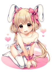 Rule 34 | &gt;:d, 10s, 1girl, :d, animal ears, bare shoulders, blonde hair, bow, breasts, brown eyes, collarbone, fake animal ears, feet together, flat chest, futaba anzu, garter straps, hair ribbon, heart, highres, idolmaster, idolmaster cinderella girls, long hair, looking at viewer, no shoes, ntk (7t5), open mouth, petite, rabbit ears, red ribbon, ribbon, seiza, simple background, sitting, smile, solo, thighhighs, v-shaped eyebrows, v arms, white background, white thighhighs, wrist cuffs