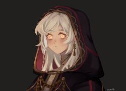 Rule 34 | 1girl, absurdres, black background, ear ornament, expressionless, fire emblem, fire emblem awakening, highres, hooded robe, looking at viewer, lordyunaa, nintendo, robe, robin (female) (fire emblem), robin (fire emblem), simple background, solo, upper body, white hair, yellow eyes