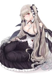 Rule 34 | 1girl, azur lane, bare shoulders, between breasts, black dress, blush, breasts, cleavage, dress, earrings, flight deck, formidable (azur lane), frilled dress, frills, grey hair, hair ribbon, highres, jewelry, large breasts, long hair, long sleeves, looking at viewer, minoshi, nail polish, red eyes, ribbon, rigging, simple background, sitting, solo, twintails, very long hair