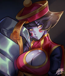 Rule 34 | 1girl, blue skin, breasts, capcom, chinese clothes, cleavage, colored skin, jiangshi, large breasts, lei lei, vampire (game), z0mbiraptor