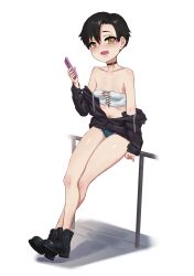 Rule 34 | 1girl, bandeau, black hair, black jacket, blue shorts, blush, boots, breasts, carbon12th, cellphone, choker, collarbone, full body, highres, jacket, long sleeves, looking at viewer, navel, off shoulder, open mouth, original, phone, short hair, short shorts, shorts, smile, solo, white bandeau, yellow eyes