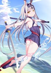Rule 34 | 1girl, absurdres, animal ears, armpits, ass, azur lane, beach, blue sky, blunt bangs, breasts, cloud, commentary, covered erect nipples, day, from behind, headband, highres, holding, holding sheath, holding sword, holding weapon, katana, kneepits, light smile, long hair, looking at viewer, no panties, ocean, rabbit ears, see-through, sheath, shimakaze (azur lane), sideboob, silver hair, sky, smile, solo, standing, sword, thick eyebrows, trap (drthumt), twisted torso, very long hair, water, weapon, wet, wet clothes, yellow eyes