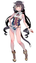Rule 34 | 1girl, animal ear fluff, animal ears, bare arms, bare shoulders, black hair, blue panties, blush, boots, bow, bow panties, breasts, brown footwear, cat ears, cat girl, cat tail, collared shirt, full body, green eyes, groin, hair bow, highres, karyl (princess connect!), long hair, looking at viewer, low twintails, multicolored hair, no pants, panties, parted lips, princess connect!, red bow, ringlets, shirt, simple background, sleeveless, sleeveless shirt, small breasts, solo, standing, streaked hair, subachi, sweat, tail, twintails, underwear, v-shaped eyebrows, very long hair, white background, white hair, white shirt