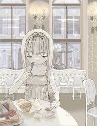 Rule 34 | 1girl, cake, camisole, chair, cheesecake, cherry, dessert, food, fork, fruit, half-closed eyes, highres, holding, holding fork, long hair, original, plate, shadow, shiromomo sofuto, sleeveless, solo focus, table, white camisole, white hair, window