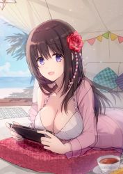 Rule 34 | 1girl, :d, akitsuki ria, ass, bikini, bikini under clothes, black hair, breasts, cleavage, commentary request, controller, flower, game controller, hair flower, hair ornament, highres, holding, holding controller, holding game controller, hood, hoodie, large breasts, long hair, looking at viewer, lying, nintendo switch, on stomach, open mouth, original, purple eyes, see-through, smile, solo, swimsuit, twitter username, watermark, web address, white bikini