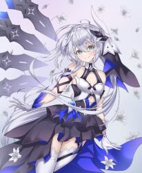 Rule 34 | 1girl, arms at sides, bare shoulders, black dress, blue bow, blue eyes, blush, bow, cleavage cutout, closed mouth, clothing cutout, cowboy shot, dot nose, dress, flower, gloves, grey background, hair between eyes, hair bow, highres, honkai (series), honkai impact 3rd, layered dress, legs together, long hair, looking at viewer, open hands, pleated dress, simple background, sleeveless, sleeveless dress, smile, solo, theresa apocalypse, theresa apocalypse (twilight paladin), thighhighs, tor ai, white flower, white gloves, white hair, white thighhighs, zettai ryouiki