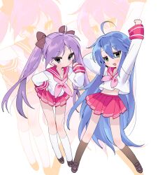 Rule 34 | 2girls, :d, absurdres, ahoge, arm up, arms up, black footwear, black ribbon, black socks, blue eyes, blue hair, commentary request, full body, green eyes, hair between eyes, hair ornament, hair ribbon, highres, hiiragi kagami, izumi konata, long hair, looking at viewer, lucky star, multiple girls, neckerchief, open mouth, pink neckerchief, pleated skirt, red sailor collar, red skirt, ribbon, sailor collar, school uniform, seoji, serafuku, simple background, skirt, smile, socks, standing, twintails, very long hair, white background, white serafuku, white socks, zoom layer