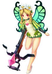 Rule 34 | 1girl, bare legs, blonde hair, bow (weapon), braid, butterfly wings, choker, crossbow, fairy, flat chest, flower, hair flower, hair ornament, head wreath, highres, insect wings, mercedes (odin sphere), namaru (summer dandy), odin sphere, puff and slash sleeves, puffy shorts, puffy sleeves, red eyes, shorts, simple background, solo, standing, standing on one leg, twin braids, weapon, wings