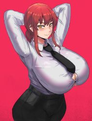 Rule 34 | 1girl, alternate breast size, braid, braided ponytail, breasts, bursting breasts, chainsaw man, collared shirt, formal, highres, huge breasts, looking at viewer, makima (chainsaw man), necktie, pants, red hair, ringed eyes, shirt, simple background, smile, solo, white shirt, yellow eyes, ytrall