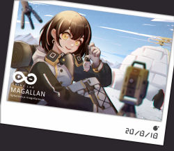 Rule 34 | 1girl, :d, arknights, backpack, bag, brown hair, camill, character name, chromatic aberration, commentary request, drone, gloves, hair between eyes, highres, igloo, jacket, charm (object), long sleeves, looking at viewer, magallan (arknights), multicolored hair, open mouth, partial commentary, photo (object), raglan sleeves, rhine lab logo, short hair, smile, snow shelter, solo, streaked hair, emperor (arknights), upper body, white gloves, white hair, white jacket, yellow eyes