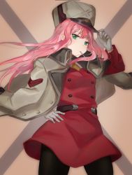 Rule 34 | 10s, black pantyhose, commentary, cowboy shot, darling in the franxx, dress, gloves, green eyes, grey gloves, grey hat, grey jacket, hand on headwear, hand on own hip, hat, jacket, jacket on shoulders, long hair, long sleeves, looking at viewer, mochii, mouth hold, pantyhose, pink hair, red dress, solo, very long hair, yellow neckwear, zero two (darling in the franxx)