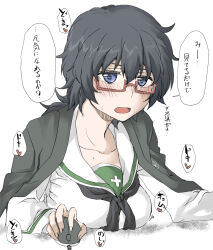Rule 34 | 1girl, black hair, blue eyes, blush, breasts, elf (stroll in the woods), girls und panzer, glasses, medium breasts, messy hair, mouse (computer), open mouth, oryou (girls und panzer), school uniform, short hair, simple background, solo, white background