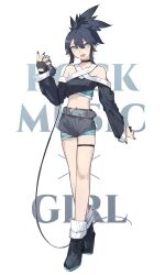 Rule 34 | 1girl, bare shoulders, belt, belt buckle, black footwear, black hair, black shirt, blue eyes, boots, breasts, buckle, commentary request, copyright request, crop top, full body, grey belt, grey shorts, hair between eyes, highres, holding, holding microphone, kamatpit, long sleeves, looking at viewer, microphone, midriff, navel, open mouth, original, shirt, short shorts, shorts, simple background, sleeves past wrists, small breasts, solo, white background