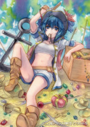 Rule 34 | 1girl, ahoge, anchor, arm up, arrow (projectile), bad id, bad pixiv id, blue eyes, blue hair, boots, box, chest sarashi, crown, cup, female focus, gem, geroro, hat, jewelry, matching hair/eyes, mouth hold, murasa minamitsu, navel, open clothes, sarashi, saucer, short hair, shorts, sitting, smile, solo, spade, sword, teacup, tiara, touhou, weapon