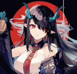 Rule 34 | 1girl, absurdres, arknights, bare shoulders, black hair, black jacket, breasts, cleavage cutout, clothing cutout, collared dress, dragon horns, dress, dusk (arknights), eyes visible through hair, hair over one eye, highres, horns, jacket, long hair, looking at viewer, medium breasts, necktie, off shoulder, open clothes, open jacket, pointy ears, red eyes, rippajun, sidelocks, sleeveless, sleeveless dress, solo, upper body, white dress, wing collar
