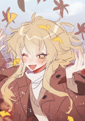 1girl absurdres autumn_leaves blonde_hair blush bow coat falling_leaves fang female_focus hair_bow highres koyashaka leaf long_sleeves looking_at_viewer one_eye_closed open_mouth original pale_skin scarf smile solo yellow_eyes