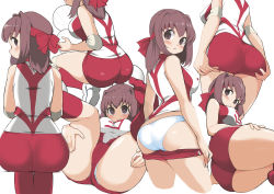 Rule 34 | 1girl, ass, ass grab, ball, blush, brown eyes, brown hair, closed mouth, clothes pull, cropped legs, crotch seam, elbow pads, facing away, from behind, girls und panzer, grabbing own ass, hand on own thigh, headband, highres, holding, holding ball, invisible chair, knee pads, kondou taeko, legs up, light frown, looking at viewer, looking back, lying, medium hair, multiple views, on back, on side, panties, panty peek, pantylines, parted lips, pulled by self, red headband, red legwear, red shirt, red shorts, shirt, shoes, short shorts, shorts, shorts pull, single vertical stripe, sitting, skindentation, sleeveless, sleeveless shirt, sneakers, socks, sportswear, spread legs, squatting, standing, underwear, upshorts, volleyball, volleyball (object), volleyball uniform, white background, white footwear, white panties, yabai gorilla