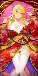 Rule 34 | 1girl, akitaka akita, bare shoulders, blonde hair, blush, breasts, cleavage, elf, floral print, green eyes, groin, hair between eyes, hair ornament, highres, japanese clothes, kimono, large breasts, long hair, looking at viewer, lying, off shoulder, on back, open mouth, original, panties, panty pull, pointy ears, sash, solo, sweat, thighhighs, underwear, very long hair, white panties, white thighhighs