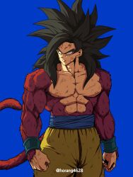 Rule 34 | 1boy, absurdres, arms at sides, artist name, baggy pants, biceps, black hair, blood, blood from mouth, blue sash, blue wristband, blurry, blurry background, body fur, closed mouth, collarbone, commentary request, dragon ball, dragon ball gt, frown, highres, horang4628, korean commentary, long hair, looking away, looking to the side, male focus, monkey tail, muscular, muscular male, pants, pectorals, red fur, sash, scratches, serious, simple background, solo, son goku, spiked hair, standing, super saiyan, super saiyan 4, tail, torn clothes, twitter username, v-shaped eyebrows, wristband, yellow eyes, yellow pants