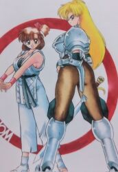 1990s_(style) 2girls armor ass blonde_hair blue_eyes breasts brown_eyes cleavage feet hand_on_own_hip highres huge_ass izumo_ryoko janne_d&#039;arc japanese_clothes large_breasts legs long_hair looking_at_viewer looking_back medium_hair multiple_girls open_mouth own_hands_together pants pantyhose retro_artstyle seductive_gaze sideboob smile snk sword thighs tongue traditional_media weapon world_heroes