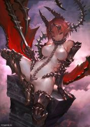 Rule 34 | 1girl, armor, bare shoulders, bodysuit, boots, breasts, closed mouth, gauntlets, greaves, head tilt, holding, imp lancer (shadowverse), large breasts, leg up, looking at viewer, n.a., official art, pink hair, pointy ears, shingeki no bahamut, short hair, sitting, smile, solo, spikes, spine, spread legs, tail, watermark, white bodysuit, wings