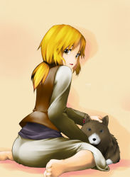 Rule 34 | 00s, babato, bad id, bad pixiv id, barefoot, blonde hair, dog, enekk, feet, long hair, looking back, nora arento, ponytail, sheepdog, sitting, smile, soles, spice and wolf, toes, wariza, yellow eyes