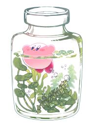 Rule 34 | :i, air bubble, arms up, blue eyes, blush, blush stickers, bottle, bubble, closed mouth, full body, glass bottle, in bottle, in container, in water, kelp, kirby, kirby (series), leaf, lily pad, looking up, mutekyan, nintendo, no humans, pink footwear, plant, shoes, simple background, swimming, water, white background