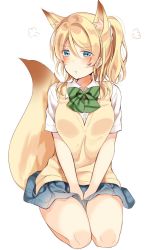 Rule 34 | 1girl, animal ears, annoyed, ayase eli, blue eyes, blush, bow, commentary request, fox ears, fox tail, full body, green bow, hands on own knees, looking at viewer, love live!, love live! school idol project, mogu (au1127), otonokizaka school uniform, school uniform, simple background, sitting, solo, tail, wariza, white background