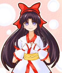 Rule 34 | 1girl, blue eyes, breasts, brown hair, fingerless gloves, gloves, hair ribbon, hands on own chest, highres, long hair, looking at viewer, medium breasts, nakoruru, ribbon, samurai spirits, smile, snk, solo, the king of fighters, traditional media