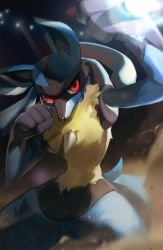 Rule 34 | absurdres, blurry, commentary, creatures (company), eye trail, game freak, gen 4 pokemon, highres, legs apart, light trail, looking at viewer, lucario, momikacha, nintendo, pokemon, pokemon (creature), red eyes, smoke, solo, spikes, yellow fur