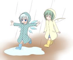 Rule 34 | 2girls, blue eyes, blue hair, boots, cirno, daiyousei, edamame (barium), full body, green hair, ice, ice wings, multiple girls, open mouth, puddle, rain, raincoat, short hair, side ponytail, smile, touhou, transparent background, wings