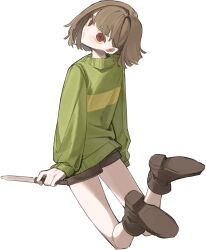 Rule 34 | 1other, black shorts, brown eyes, brown hair, chara (undertale), full body, green sweater, highres, holding, holding knife, i3dpi, knife, long sleeves, looking at viewer, looking back, other focus, shoes, short shorts, shorts, simple background, solo, sweater, undertale, white background