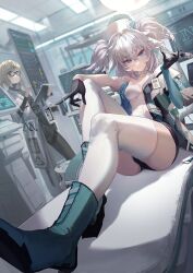 Rule 34 | &gt;:), 2girls, absurdres, bed, black gloves, black pantyhose, black shorts, black sweater, blonde hair, blue eyes, blue footwear, blue jacket, breasts, ceiling, choker, closed mouth, collarbone, foot out of frame, foreshortening, ggoc ill, girls&#039; frontline, girls&#039; frontline neural cloud, glasses, gloves, highres, holding, hospital bed, jacket, light, long sleeves, looking at viewer, multiple girls, nurse, open clothes, open jacket, pa-15 (girls&#039; frontline), pantyhose, shirt, short hair, short sleeves, shorts, small breasts, smile, solo focus, sweater, thighhighs, turtleneck, turtleneck sweater, twintails, v-shaped eyebrows, white choker, white hair, white jacket, white shirt, white thighhighs, window