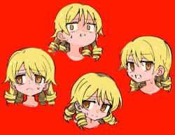 Rule 34 | 1girl, bags under eyes, blonde hair, brown eyes, clenched teeth, closed mouth, drill hair, expressions, frown, hair between eyes, highres, idolmaster, idolmaster cinderella girls, looking to the side, morikubo nono, red background, sasaki rindou, short hair, simple background, split mouth, sweat, teeth, wavy mouth