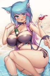 Rule 34 | 1girl, animal ears, ass, bare arms, bare legs, bare shoulders, between breasts, bikini, blue eyes, blue hair, breasts, cleavage, collarbone, cup, feet out of frame, gradient hair, highres, in water, kaptivate, large breasts, looking at viewer, lying, multicolored hair, on side, open mouth, outdoors, purple bikini, purple hair, silvervale, silvervale (5th costume), slit pupils, smile, swimsuit, thighs, virtual youtuber, vshojo, water, wolf ears, wolf girl
