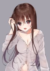 Rule 34 | 1girl, absurdres, blush, breasts, brown hair, cleavage, collarbone, commentary request, dress shirt, girls&#039; frontline, grey background, grey shirt, hair ribbon, hand in own hair, hand up, highres, kodama (koda mat), long hair, long sleeves, looking at viewer, medium breasts, naked shirt, navel, no bra, partially unbuttoned, red eyes, red ribbon, ribbon, shirt, sidelocks, simple background, solo, straight hair, upper body, v-shaped eyebrows, very long hair, wa2000 (girls&#039; frontline)