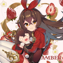 Rule 34 | 1girl, absurdres, amber (genshin impact), baron bunny (genshin impact), brown hair, character name, crossed bangs, flower, food, fruit, genshin impact, gloves, hair between eyes, hairband, highres, holding, holding stuffed toy, long hair, long sleeves, miebao, official art, shrug (clothing), smile, sparkle, strawberry, stuffed animal, stuffed rabbit, stuffed toy, thighhighs, white thighhighs, yellow eyes