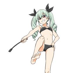 Rule 34 | 10s, 1girl, anchovy (girls und panzer), barefoot, blush, breasts, drill hair, feet, girls und panzer, green hair, grin, hair ribbon, hand on own hip, highres, hiroyuki, leg up, long hair, looking at viewer, navel, ribbon, riding crop, small breasts, smile, soles, solo, toes, twin drills, twintails, white background