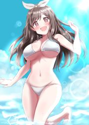 Rule 34 | 1girl, bikini, blue bow, blue sky, blush, bow, breasts, brown eyes, brown hair, cleavage, commentary request, dars (recolors), day, hair bow, idolmaster, idolmaster shiny colors, large breasts, lens flare, long hair, looking at viewer, navel, open mouth, ponytail, sky, smile, solo, sun, swimsuit, tsukioka kogane, white bikini