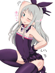 Rule 34 | 1boy, ;d, aqua eyes, arm behind head, bare shoulders, black thighhighs, blend s, blush, cosplay, covered navel, detached collar, fang, fate/grand order, fate (series), frilled leotard, frills, gloves, hand on own hip, helena blavatsky (fate), helena blavatsky (fate) (cosplay), highres, kanzaki hideri, korandamu, leotard, long hair, male focus, one eye closed, on one knee, open mouth, silver hair, smile, solo, strapless, thighhighs, trap, v
