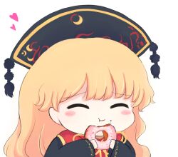 Rule 34 | 1girl, black dress, black hat, blonde hair, blush, bow, bowtie, chibi, chinese clothes, closed eyes, closed mouth, commentary request, crescent, crescent print, doughnut, dress, eating, food, food on face, hands up, hat, heart, holding, holding food, junko (touhou), long hair, long sleeves, mandarin collar, phoenix crown, pom pom (clothes), red tabard, rei (tonbo0430), simple background, smile, solo, tabard, touhou, upper body, very long hair, white background, wide sleeves, yellow bow, yellow bowtie