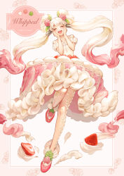 Rule 34 | 1girl, :d, ^ ^, aruk, border, cake, cake dress, closed eyes, double bun, dress, english text, facing viewer, flower, food, food-themed clothes, food as clothes, fruit, full body, gradient hair, hair as food, hair bun, hair flower, hair ornament, hands on own face, highres, leg up, long hair, multicolored hair, off-shoulder dress, off shoulder, open mouth, original, outside border, pantyhose, patterned legwear, personification, pink border, pink dress, pink footwear, pink hair, pink pantyhose, shoes, smile, solo, strawberry, teeth, twintails, upper teeth only, whipped cream, white background, white dress, white hair