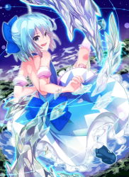 Rule 34 | 1girl, adapted costume, bad id, bad pixiv id, bare back, blue eyes, blue hair, bow, cirno, dress, fang, female focus, hair bow, hair ornament, hanpen (hannpenn2), ice, mary janes, matching hair/eyes, open mouth, shoes, short hair, solo, touhou, white legwear